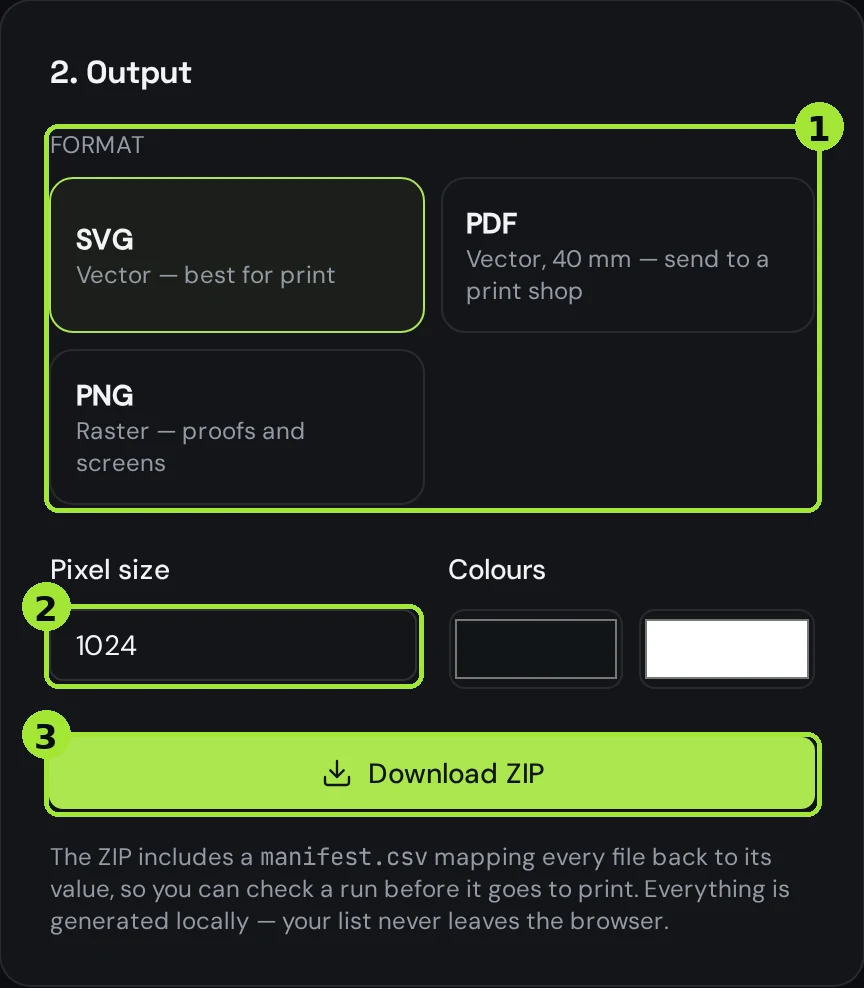 The output panel of the bulk generator with the SVG, PDF and PNG format choice, the pixel size field and the Download ZIP button
