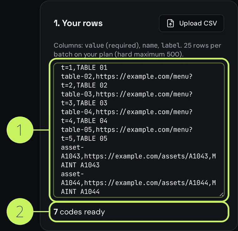 The same bulk generator rows panel on a phone screen with the CSV box and ready count
