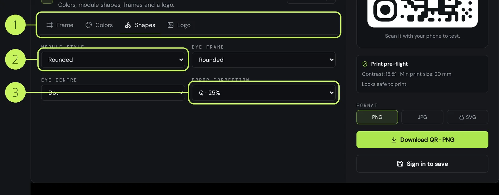 The design step of the Qreator editor showing the Frame, Colors, Shapes and Logo tabs with module style and error correction