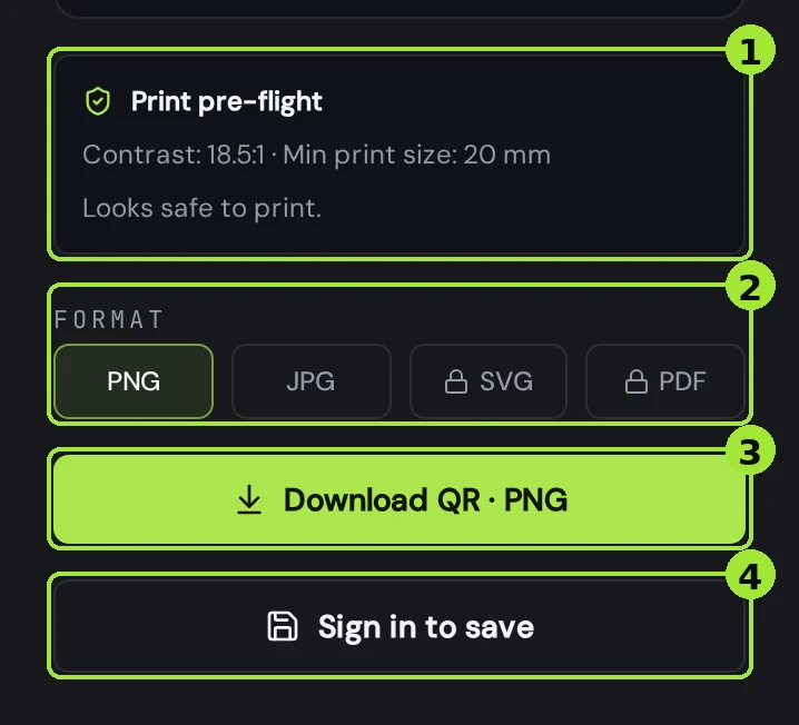 The download panel of the Qreator editor with the print pre-flight check, format switch, download button and save action