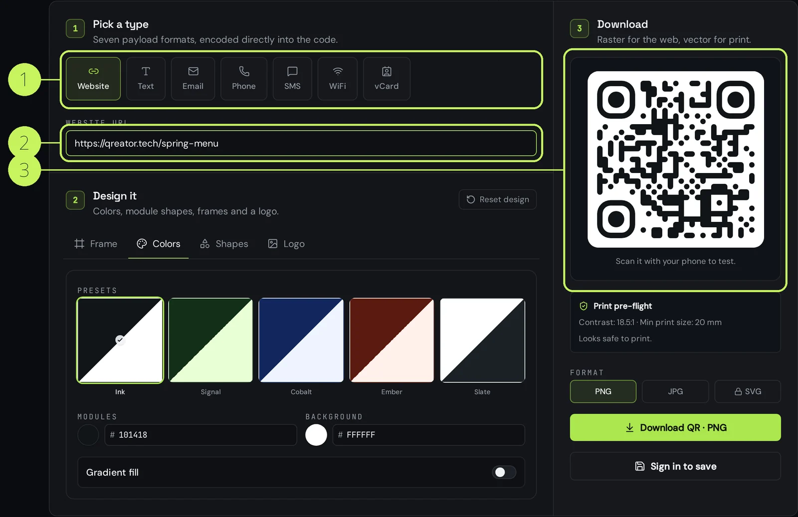 Step 1 of the Qreator editor with the payload types, the destination field and the live QR preview highlighted