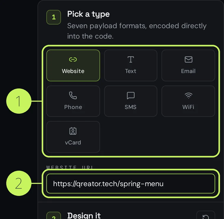 The same first step of the Qreator editor on a phone screen, with the type buttons stacked in a grid