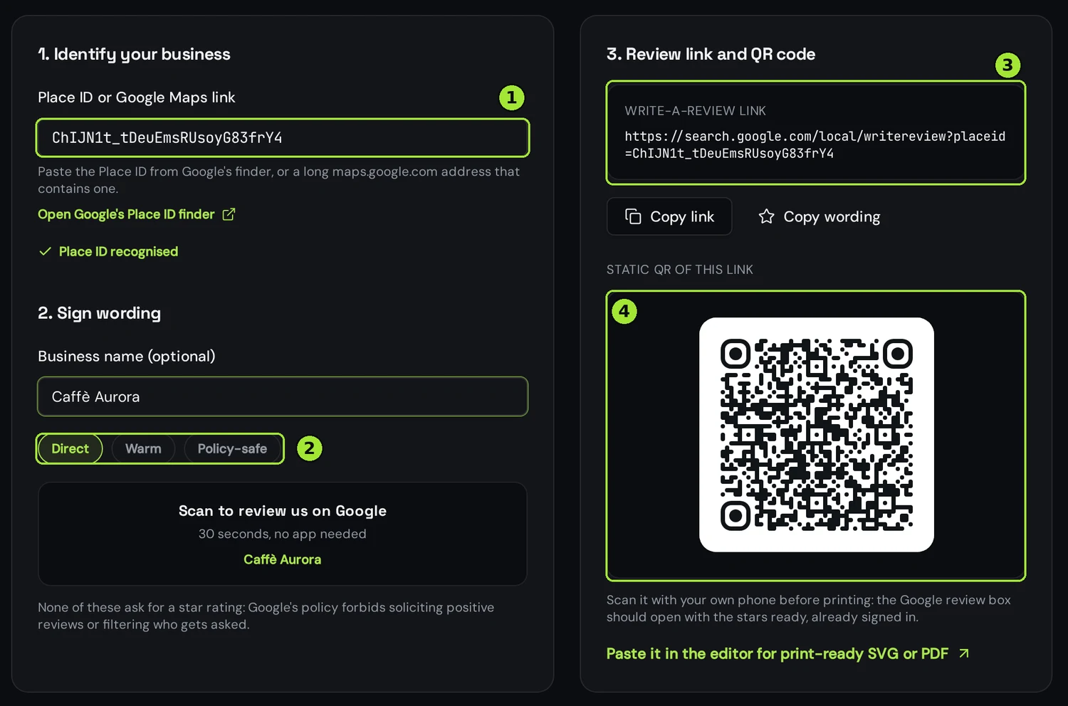 The Google review QR code tool with a Place ID pasted, wording chips and the generated QR code