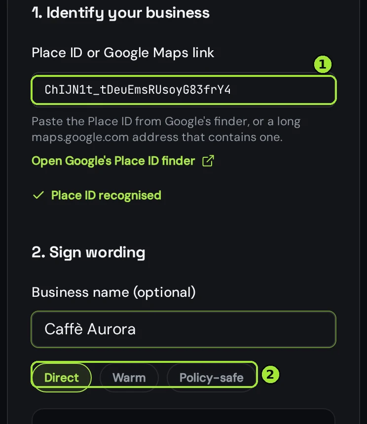 The same tool on a phone screen, with the Place ID field and the wording chips