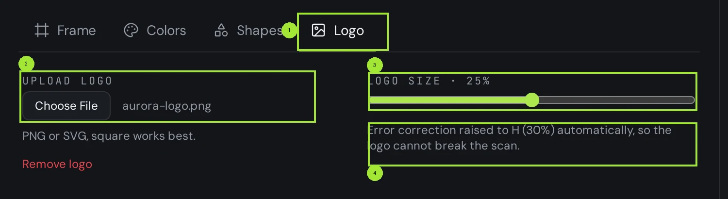 The Logo tab of the Qreator editor with a file uploaded and the logo size slider at 25%
