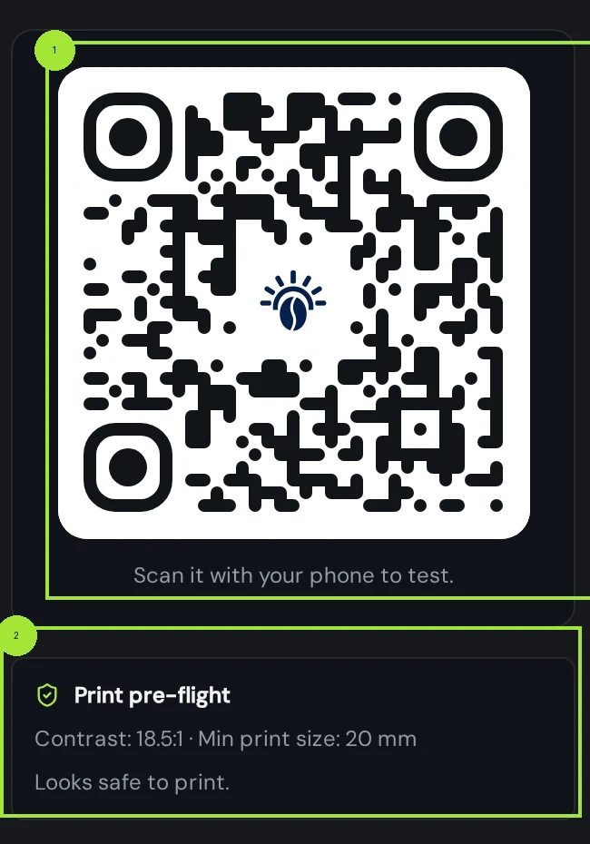 The live preview showing a QR code with a centre logo, above the print pre-flight verdict