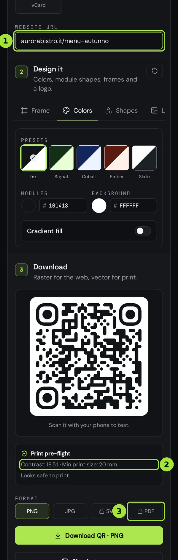 The same generator on a phone, with the menu link, the pre-flight verdict and the PDF option