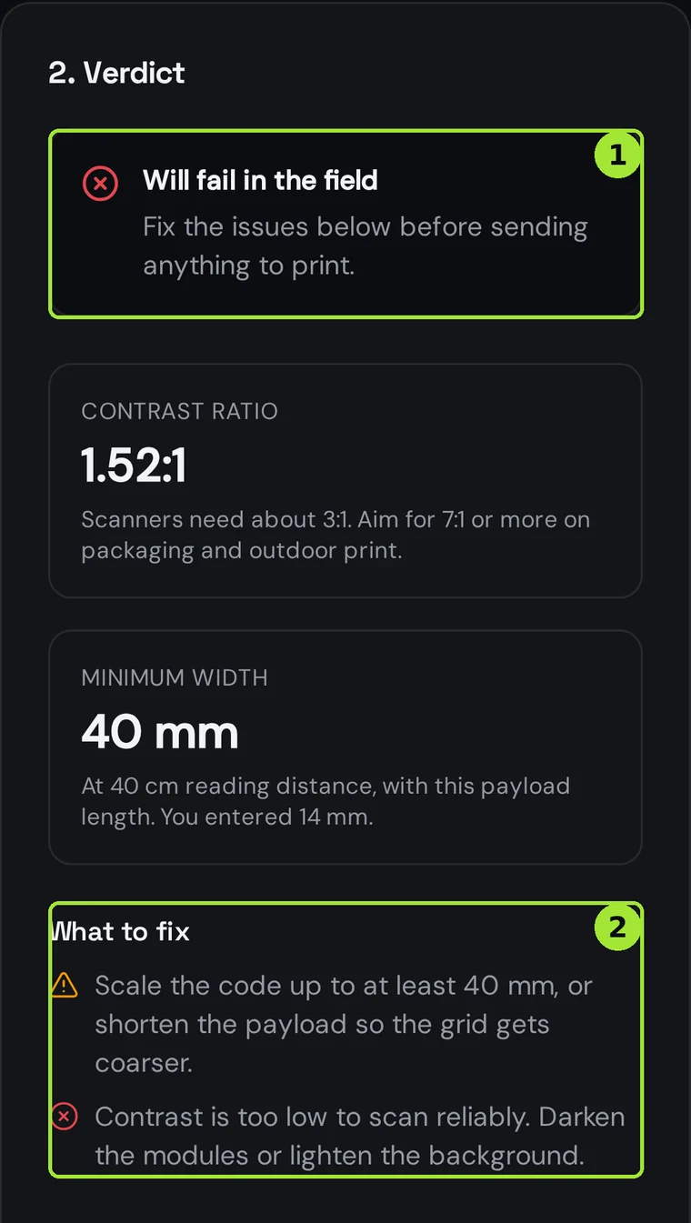 The same failing contrast verdict on a phone screen, listing the contrast ratio and the minimum print width