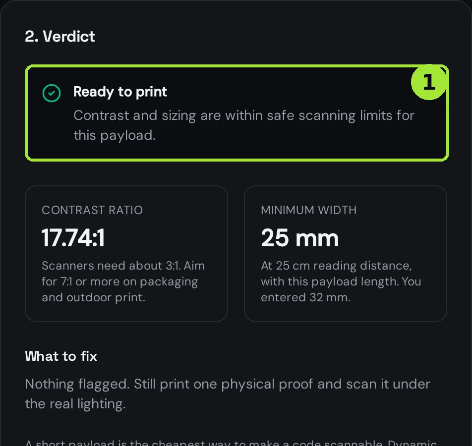 Contrast checker returning a ready to print verdict with a 17.74:1 ratio for a dark code on white