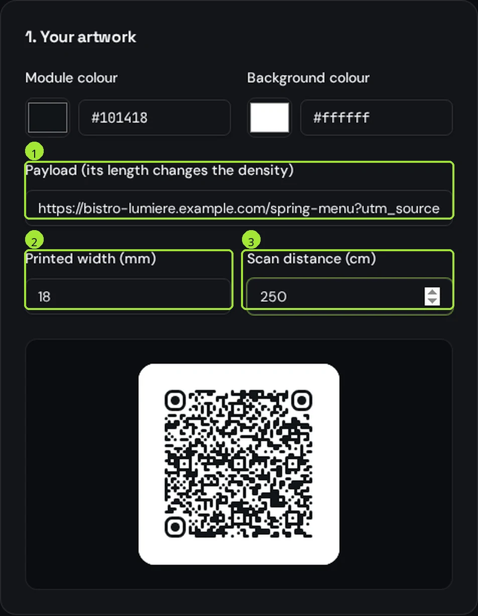 The Qreator QR code checker with the payload field, printed width and scan distance highlighted