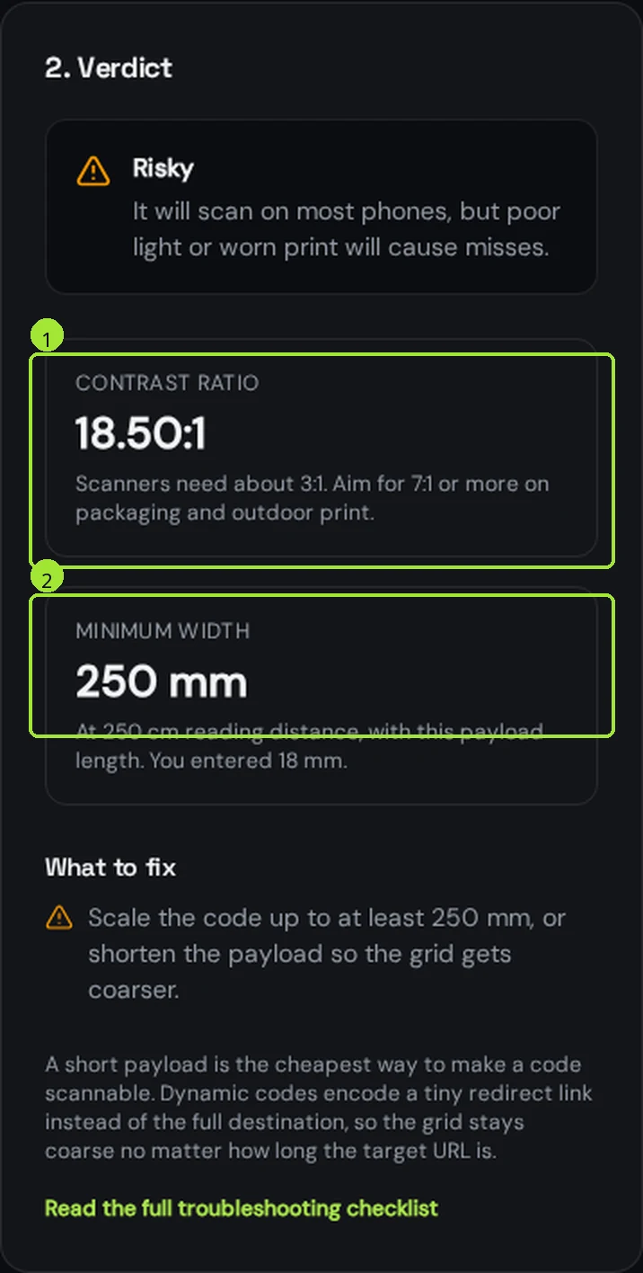 The same verdict panel of the Qreator checker on a phone screen