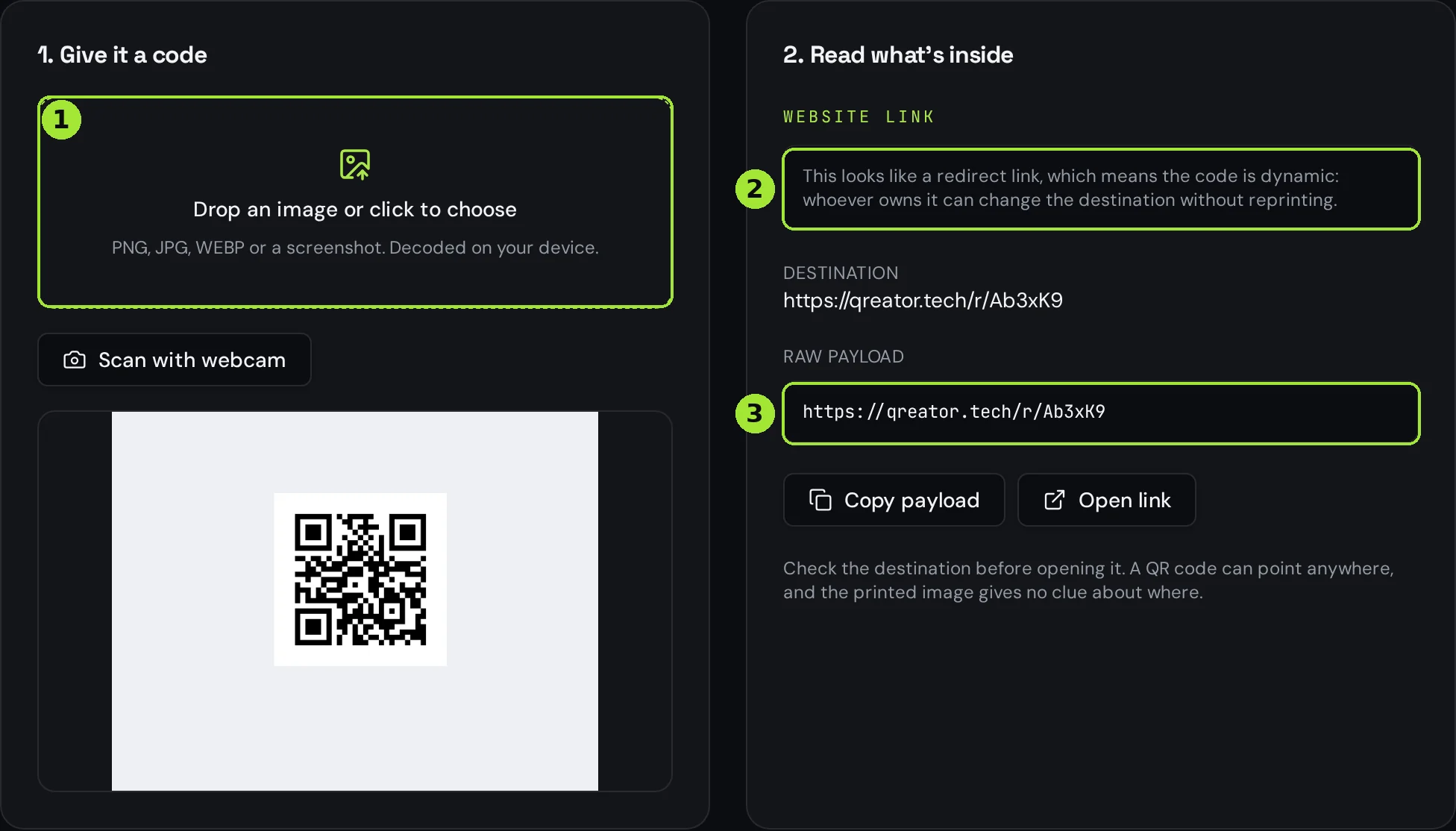 The Qreator QR code reader with the drop zone, the dynamic-code hint and the raw payload highlighted