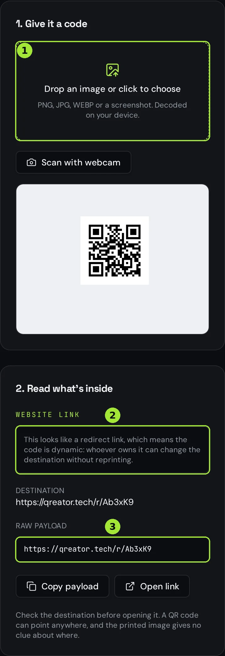 The same QR code reader decoding an image on a phone screen
