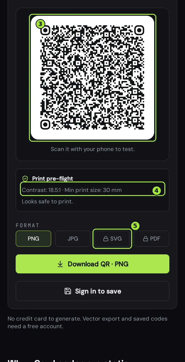 The download panel with the live vCard preview, the print pre-flight result and the format buttons