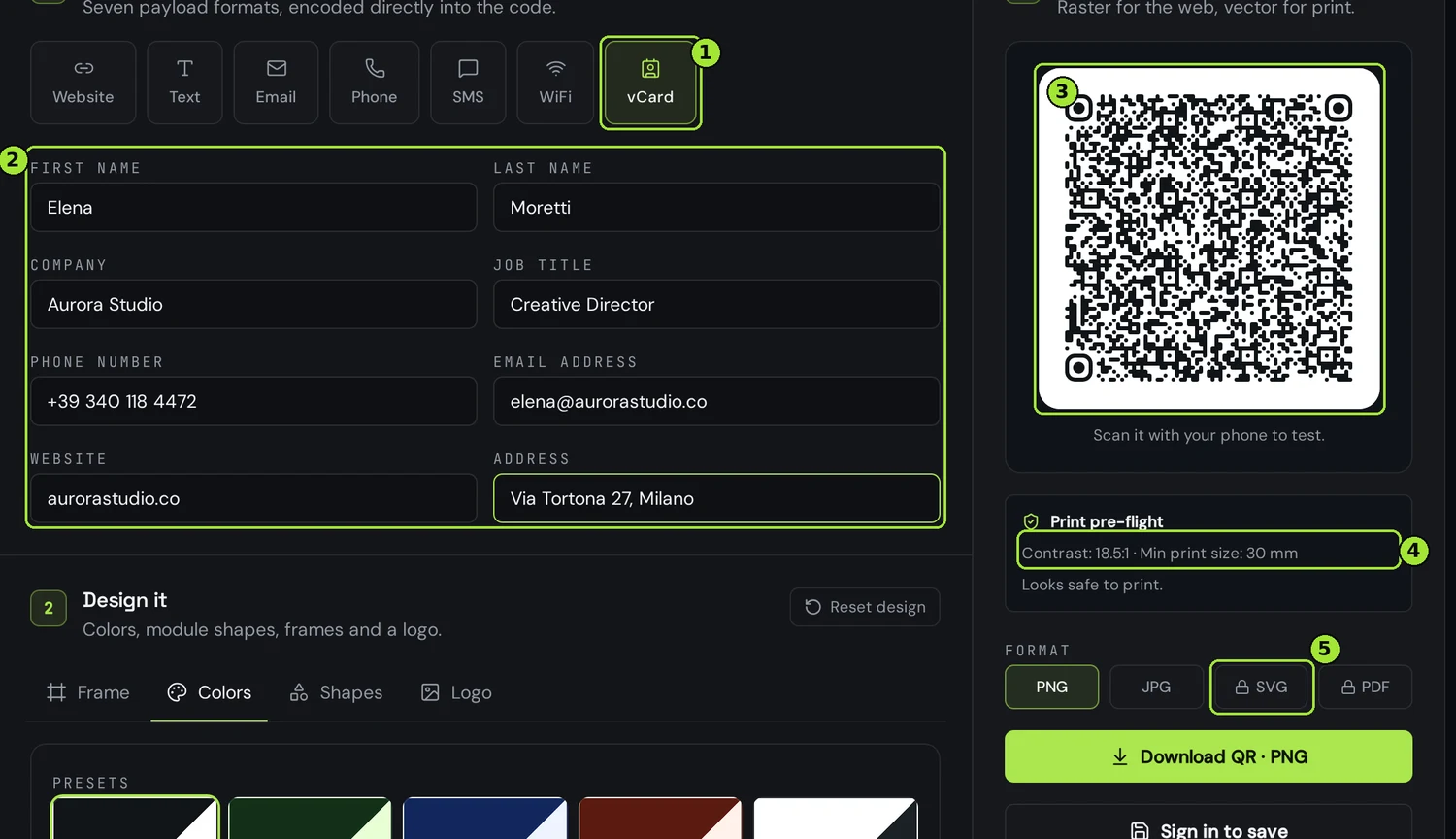 The vCard QR code generator with name, company, job title, phone, email, website and address filled in