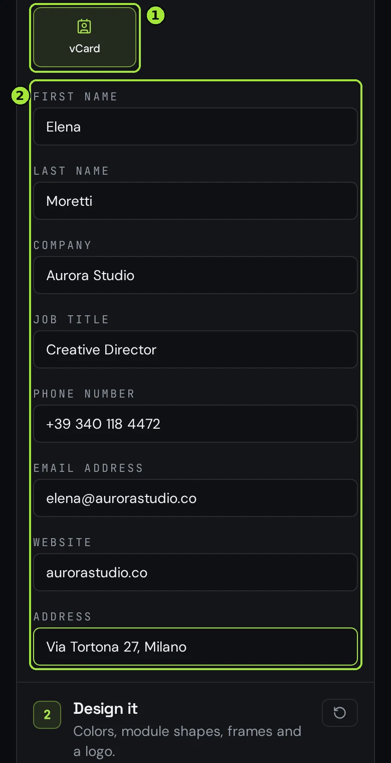 The same vCard form on a phone screen, with the type picker above the stacked fields