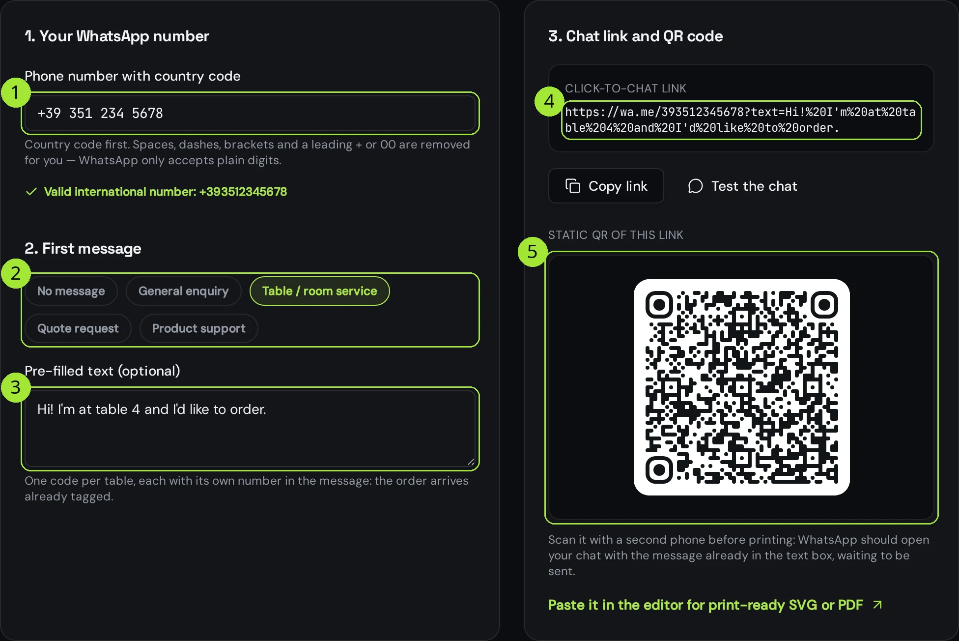 El generador de QR de WhatsApp con el número, los mensajes predefinidos, el enlace de chat y el código QR