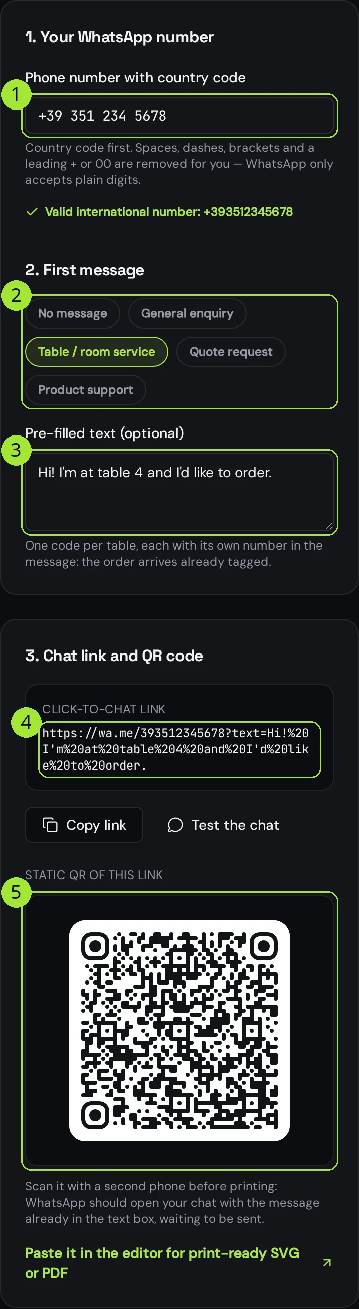 El mismo generador de WhatsApp en la pantalla de un teléfono, con el campo del número, las opciones y el QR