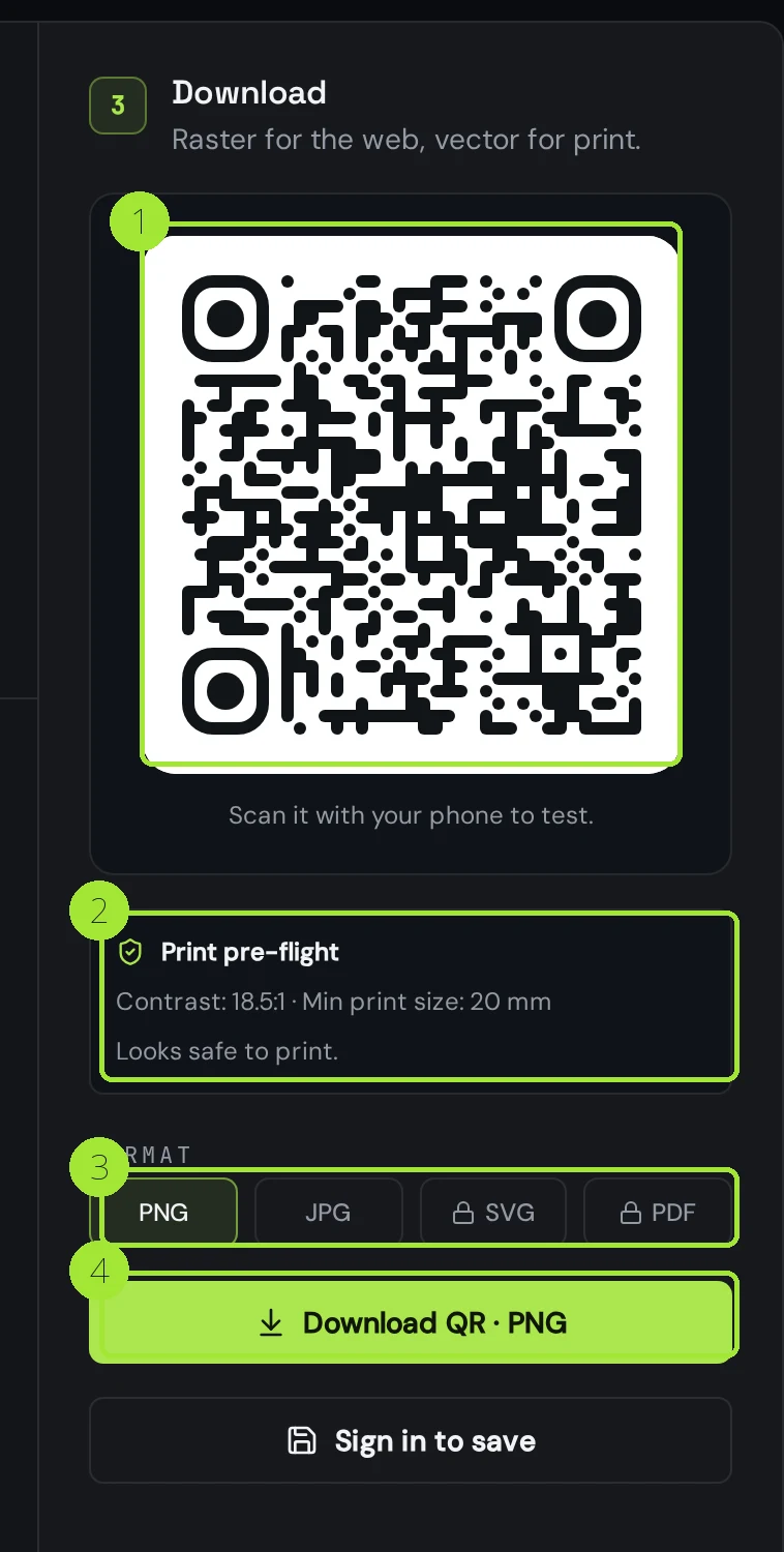 The download panel with the live QR preview, print pre-flight result and format buttons