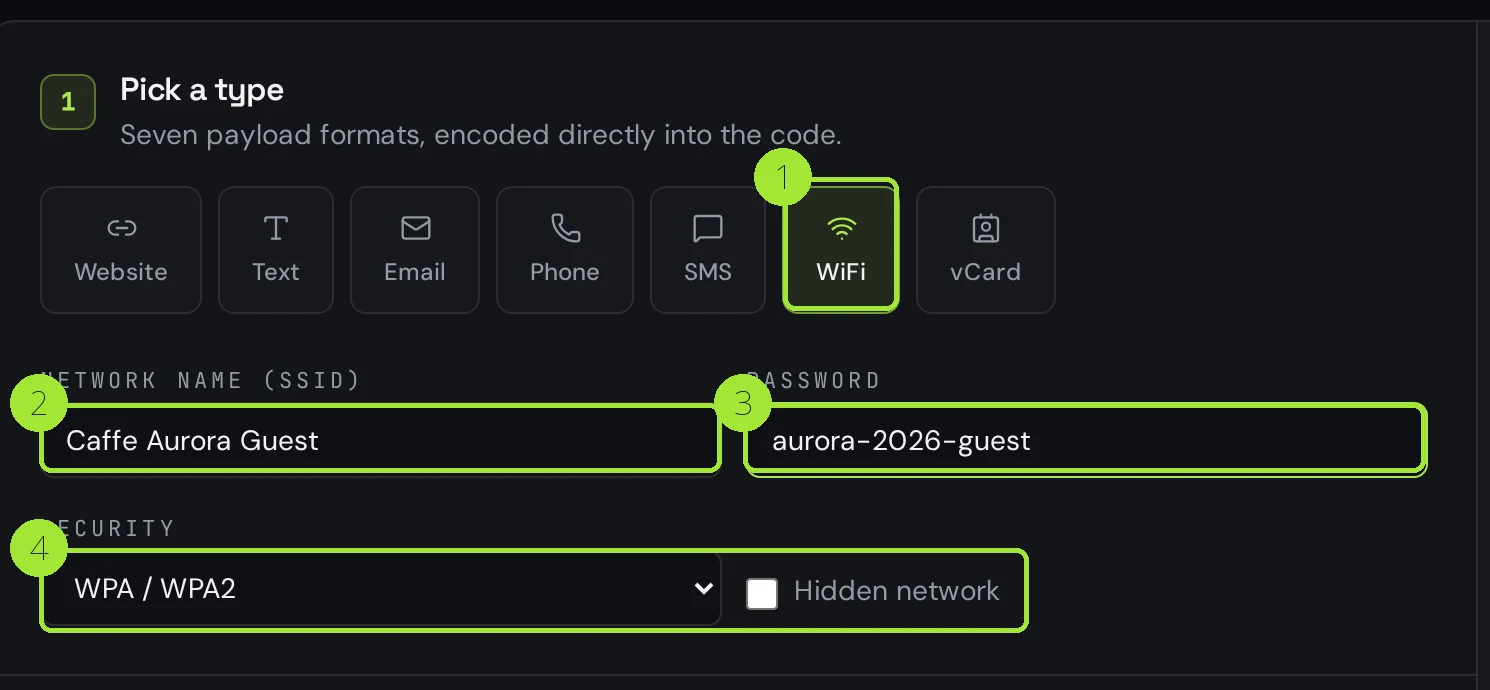The WiFi QR code generator with the network name, password and security fields filled in