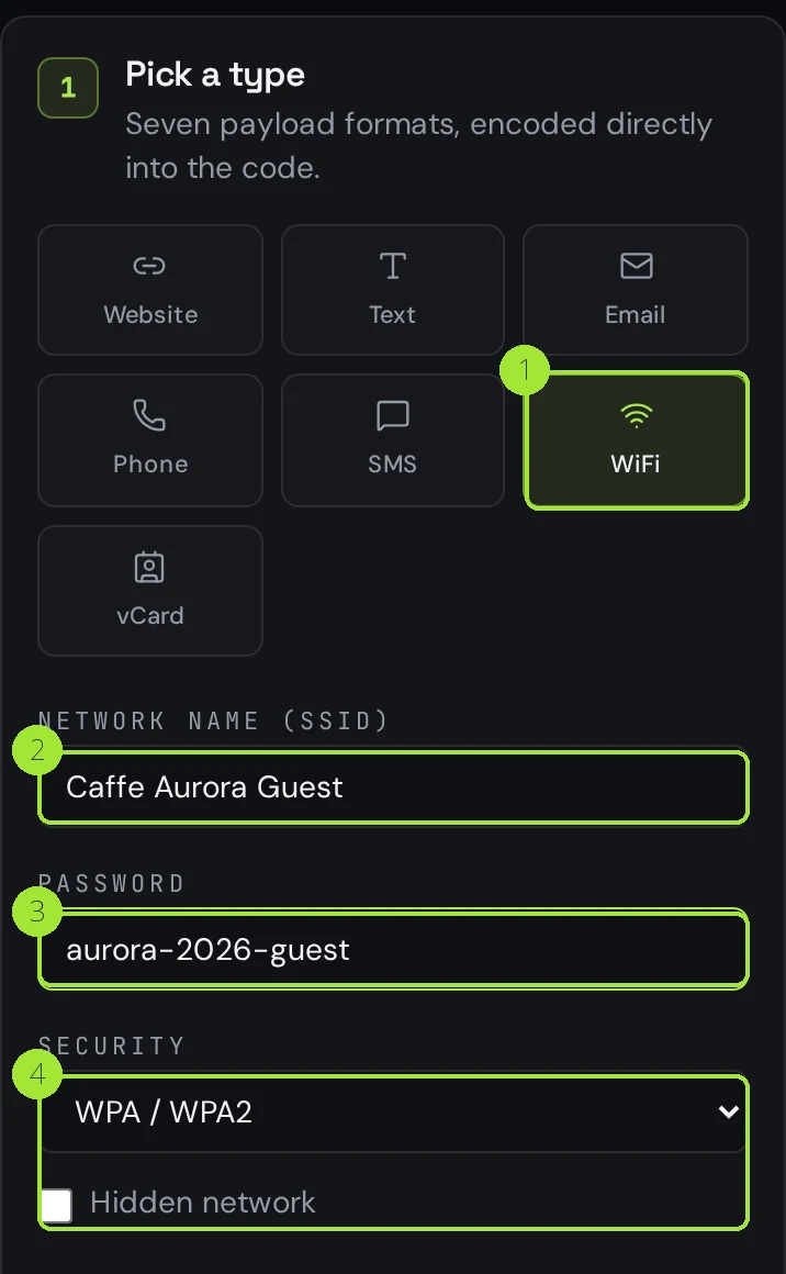 The same WiFi form on a phone screen, with the type picker and the three fields